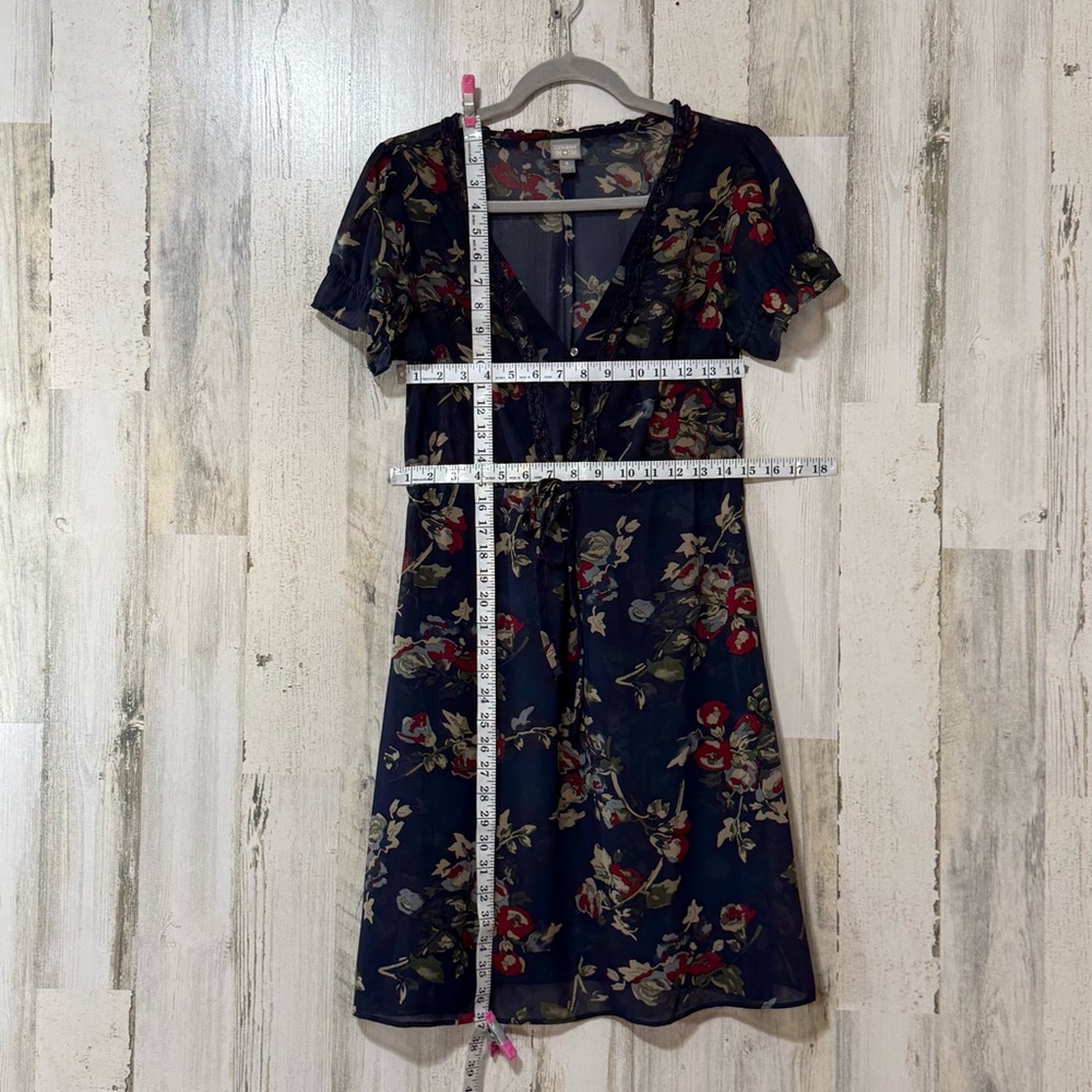 Sheer Mini Dress Cinched Waist Small Ruffle Details Neckline in Floral Navy - Picture 4 of 7